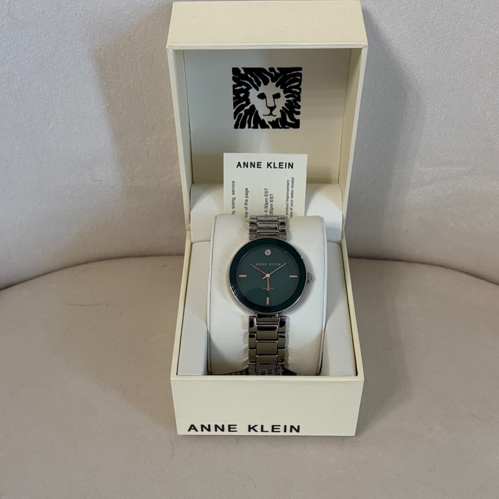 Anne Klein Silver, Diamond Dial Watch with Green Face